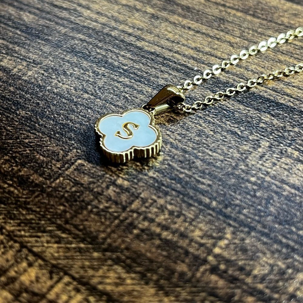 14K Gold Plated Stainless Steel Initial Necklaces “S” Four Leaf Clover Necklace - Picture 4 of 12